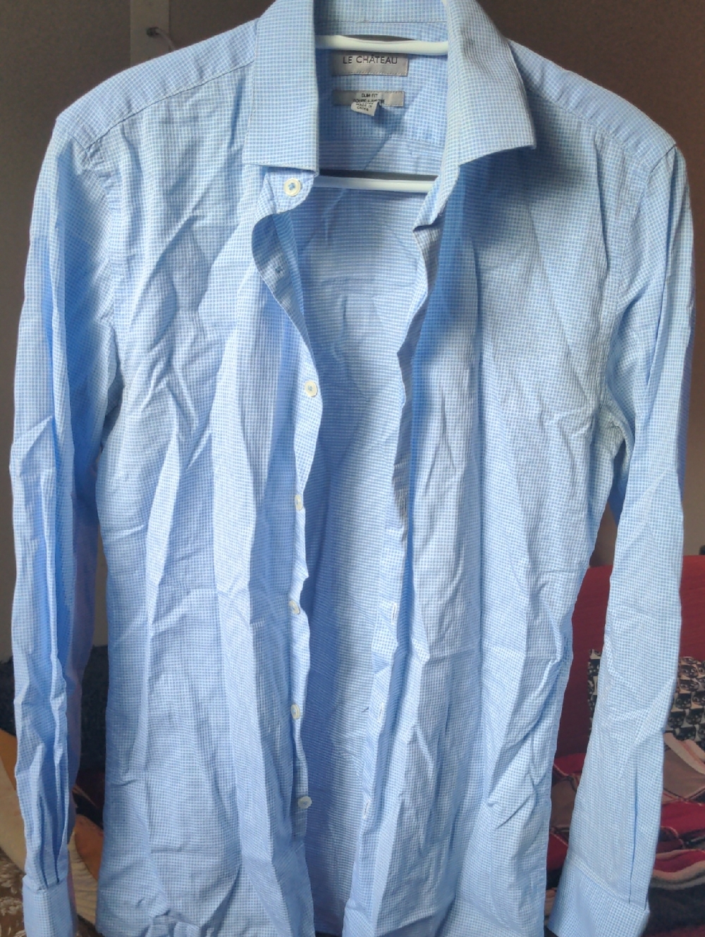 le chateau Light Blue Mini-Check Men's Dress Shirt